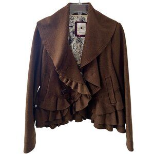 Anthropologie Elevenses | Brown | Wool Blend | Ruffled |  Pea Coat | Jacket